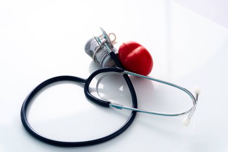 Stethoscope and syringe with medical concept.の写真素材