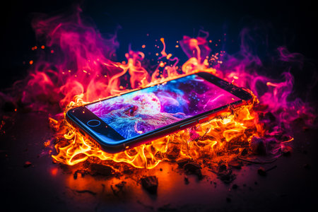 Ai generated image of smartphone explode and burn with vibrant colorの素材