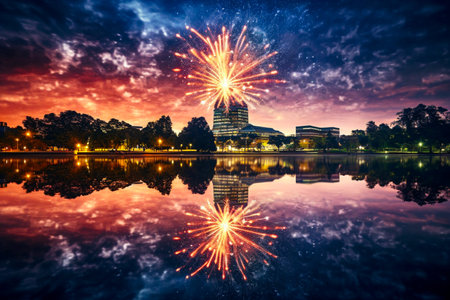 Ai generated image of firework with lake reflectionの素材
