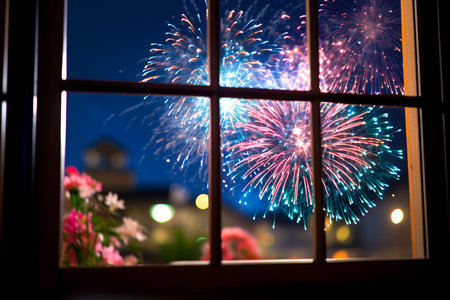 Ai generated image of firework from window viewの素材