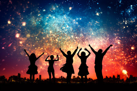 Ai generated image of unidentical people dancing with silhouette image with firework background.の素材