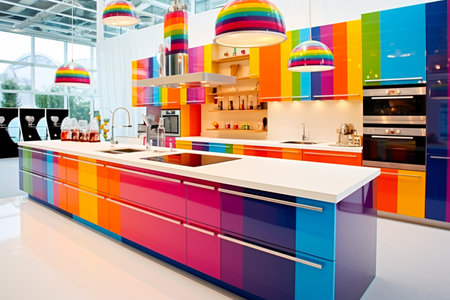 Ai generated image of kitchen cabinet with rainbow colorの素材