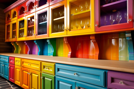 Ai generated image of kitchen cabinet with rainbow colorの素材
