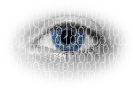 Blue eye with binary numbers isolated on white backgroundの写真素材