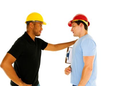 two construction workers have serious conversation