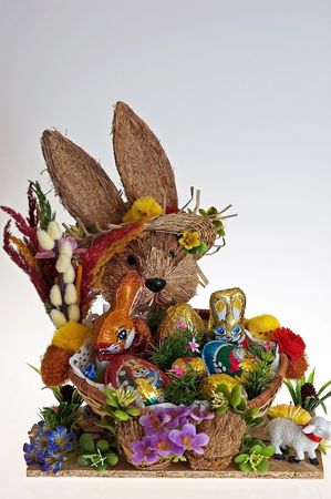 Easter bunny and colorful painted eggsの写真素材