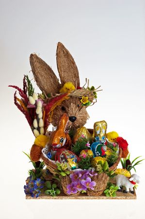 Easter bunny and colorful painted eggsの写真素材