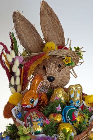Easter bunny and colorful painted eggsの写真素材
