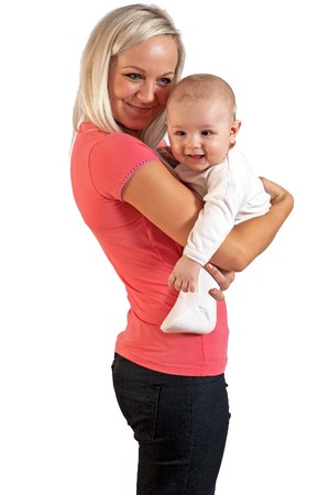 Mother smile to her child on the white backgroundの写真素材