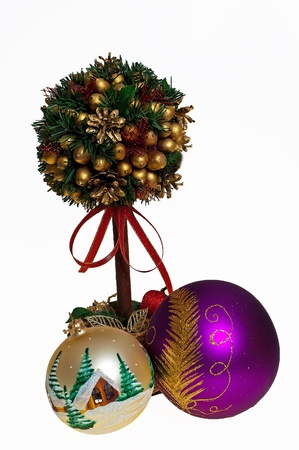 Christmas tree isolated and glass balls  over white backgroundの写真素材