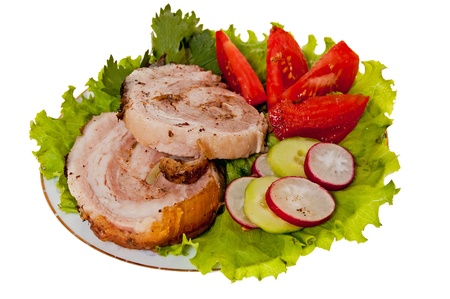 roast pork in tomatoes on the white backgroundの写真素材