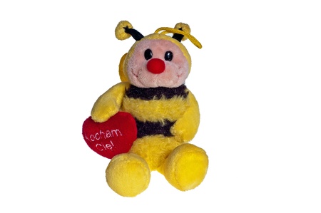 Plush bee with a heart for all the love on a white backgroundの写真素材