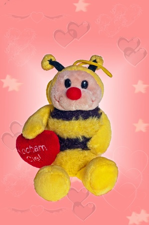 Plush bee on Valentine's backgroundの写真素材