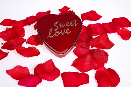 Heart of rose petals on a white background on the occasion of Valentine's Dayの写真素材