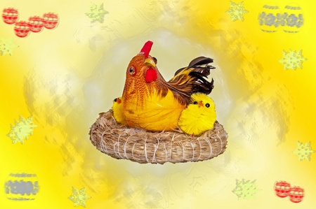 Easter hen with chicks on holiday backgroundの写真素材