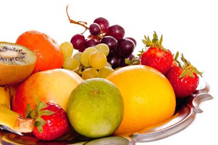 Composition of fresh fruit on the decorative metal tray.の写真素材