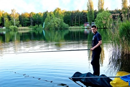 Fishing on the lake in the southern part of Polandの写真素材