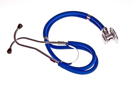 Blue stethoscope on a white backgroundの写真素材