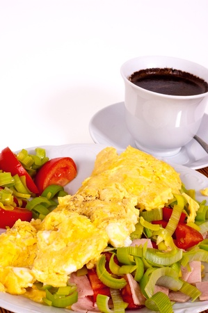 Omelet with vegetables and coffee for breakfastの写真素材