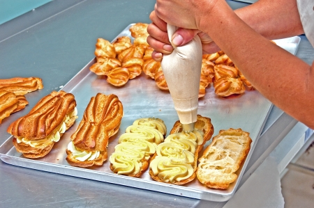 Production of biscuits in the confectionery plant, studded cream muffinsの写真素材