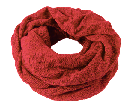 Red soft winter snood scarf isolated on whiteの写真素材