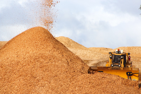 Large earthmover with scoop of wood chipsの写真素材