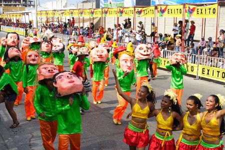 Barranquilla Colombia - February 15 2010. Once a year Colombia hold there carnival street parade. Dancers in full costume enjoy the moment. のeditorial素材