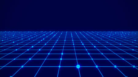 technology perspective grid background. Digital space wireframe landscape. Blue mesh on a black...