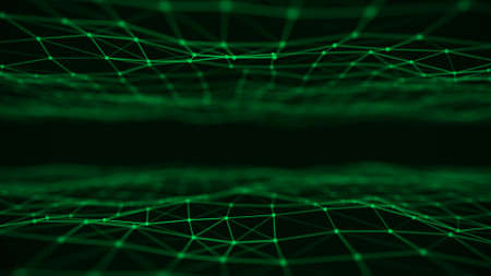 Digital technology double wave. Dark cyberspace with blue motion dots and lines. Futuristic digital background. Big data analytics. 3d rendering.の写真素材