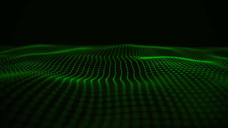 digital technology wave. Dark cyberspace with green motion dots and lines. Futuristic digital...