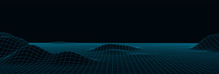 Technology perspective grid with mountain landscape background. Vector digital space wireframe...