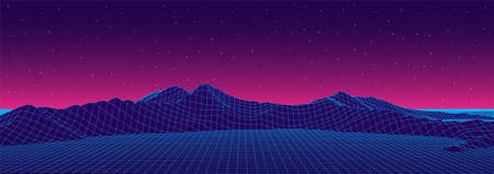 Technology perspective grid with mountain retro landscape background. Futuristic cyber surface 80s - 90s styled. Blue mesh on a colorful background. Vector digital space wireframe landscape.のイラスト素材