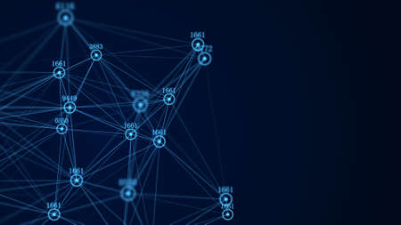 Business futuristic backdrop. Network connection structure cyberspace with moving particles and numbers. Big data visualization. Abstract cyber security background in database. 3D rendering.の写真素材