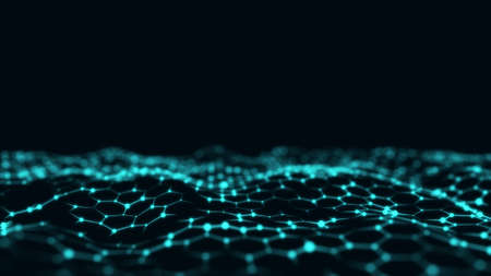 Digital technology hexagon wave. Dark cyberspace with blue motion dots and lines. Futuristic digital background. Big data analytics. 3d rendering.の写真素材
