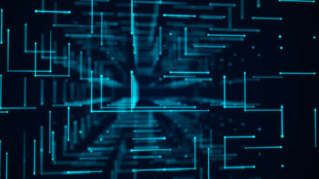 Block chain network connection data. Dark cyberspace with blue motion dots and lines. Cyber security background. Futuristic digital background. Big data visualization. 3D rendering.の写真素材