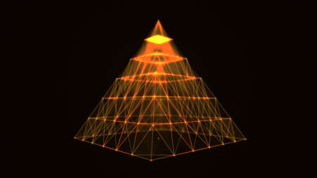 Sci-fi orange pyramid with particles and lines. figure wire frame. concept network connection. Abstract technology background. 3d rendering.の写真素材