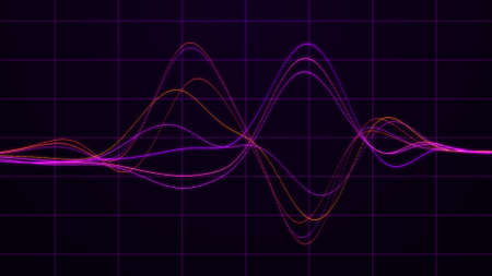 Stock, exchange, investments or cryptocurrency chart. business background. Abstract music wave. Sound equalizer with colorful dots. 3d rendering.の写真素材
