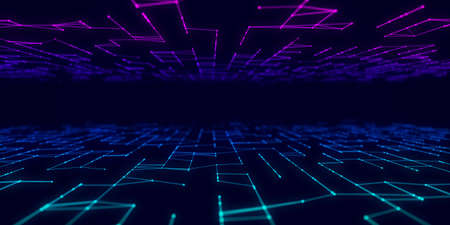 Digital database cyberspace. Decoding algorithms hacked software. Cyber security with moving colorful particles. Big data visualization. 3d rendering.の写真素材