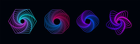 Vector set of twisted colored geometry figures. Spirals fractal element. Sacred geometry with lines...