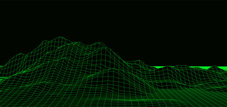 Technology perspective grid with mountain landscape background. Vector digital space wireframe landscape. green mesh on a black backgroundのイラスト素材