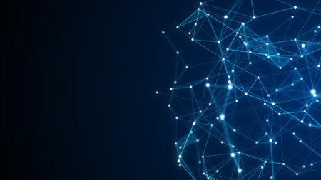 Business futuristic backdrop. Network connection structure cyberspace with moving particles. Big data visualization. Abstract cyber security background. 3D rendering.の写真素材