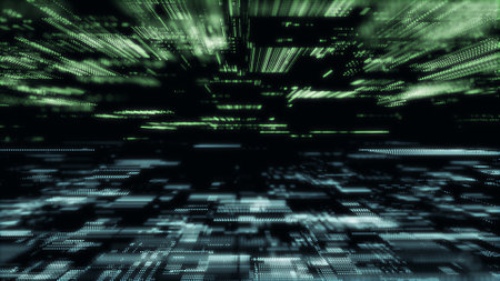 Digital database cyberspace. Decoding algorithms hacked software. Cyber security with moving colors particles. Big data visualization. 3d rendering.の写真素材