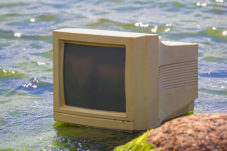 unusual frame sea surrounds computer monitorの写真素材