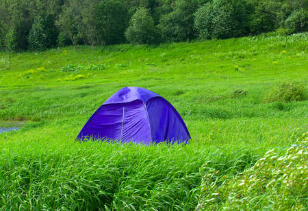 Blue tent set in meadow, at woodside, Hikingの写真素材