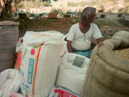 India, Anantapur - February 1, 2016: Vedic food. Street vendor (Hawker) of vegetables and legumes: lentils, chickpeas, Turkish peas, mung beans, beans.のeditorial素材