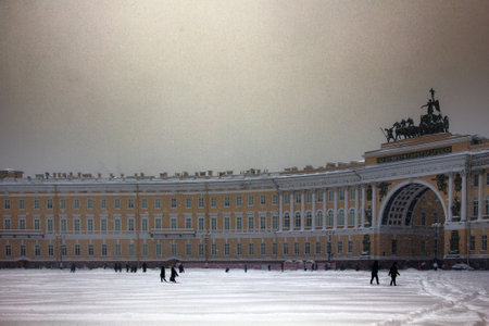Russia, Saint Petersburg - November 9, 2016: snow storm Blizzard in megapolise. Dvortsovaya square knee-deep snow in a stormのeditorial素材