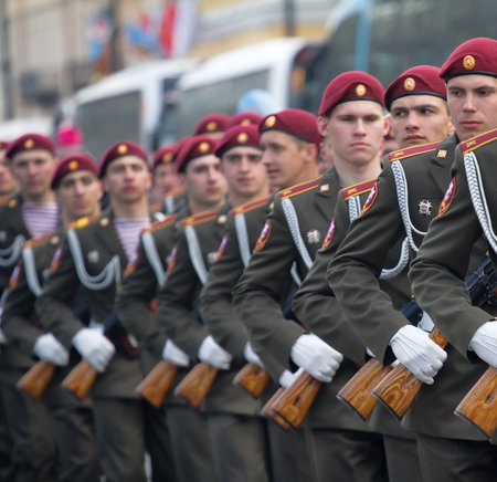 Russia, Saint Petersburg - May 9, 2017: Soldiers on parade in new uniform on city streetsのeditorial素材