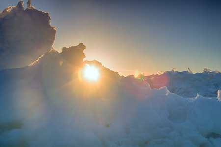 Baltic sea in winter. Fresh ice hummocks and cracks in ice edgeの写真素材