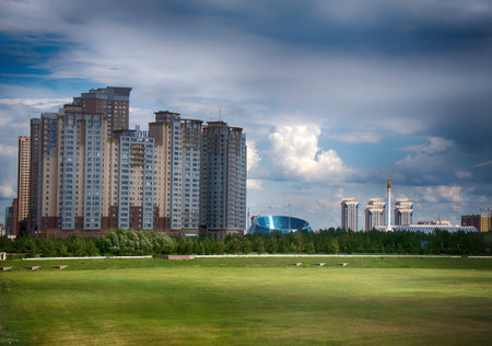 Astana, Kazakhstan - July 17, 2016: New capital of Kazakhstan city Astana. Modern architecture skyscrapers and element of Stalin's empire (eclectic, post-Soviet architecture)のeditorial素材