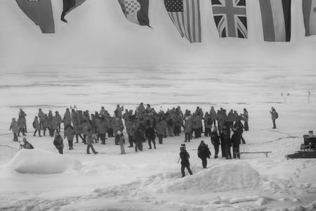 North pole - 2 July 2016: Mission is over: flags of all participating countries tremble at the North...